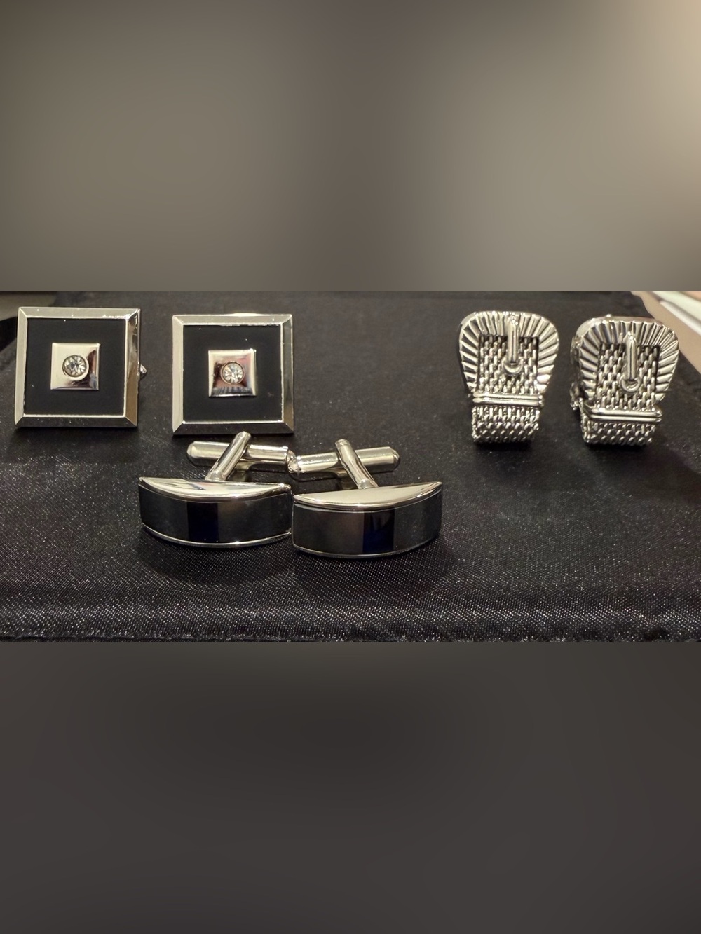 SWANK Silver and Black Enamel Cufflink Trio